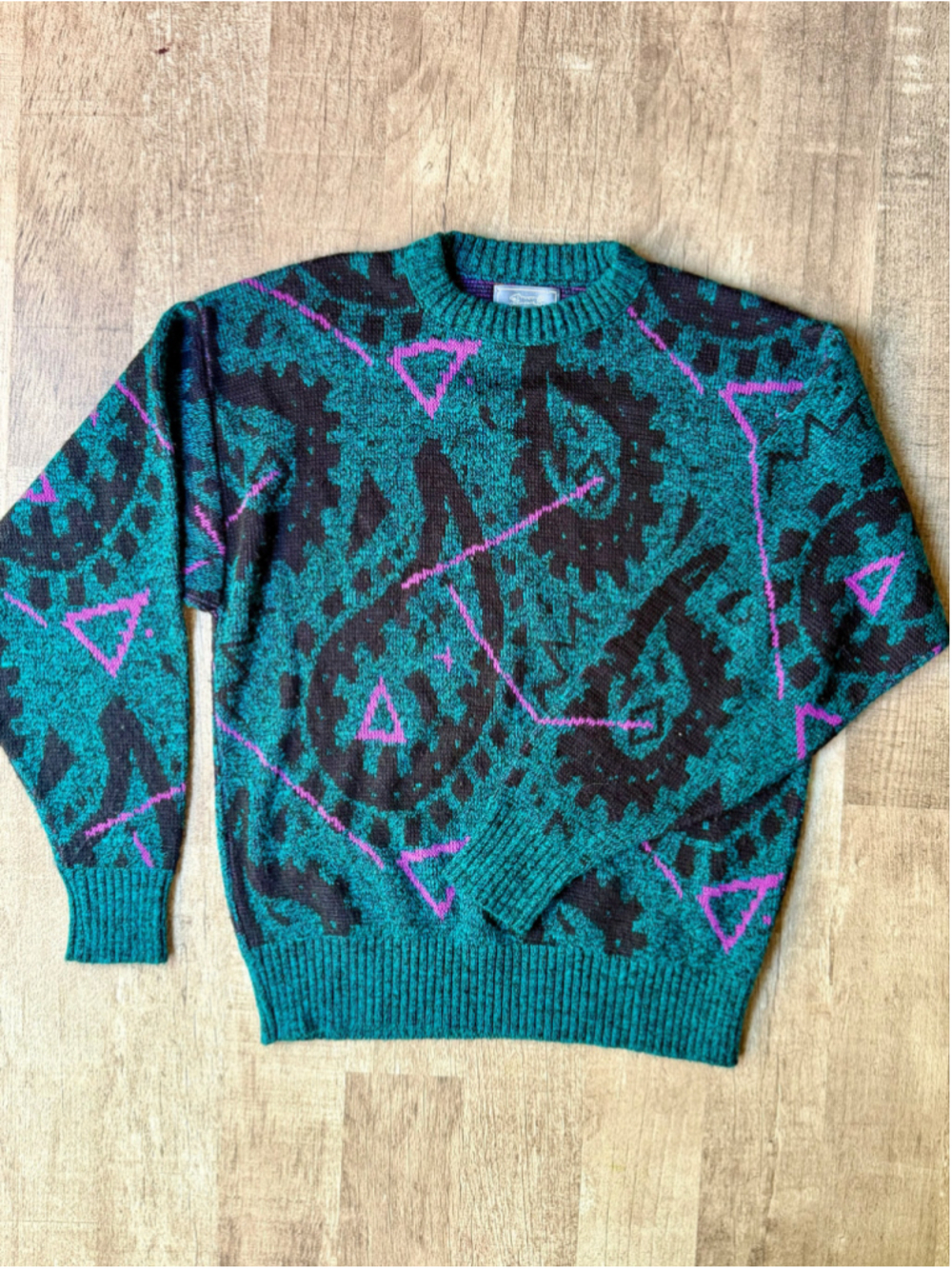 Vintage 1980s 1990s Le Tigre Teal Purple Abstract Paisley Knit Sweater Large